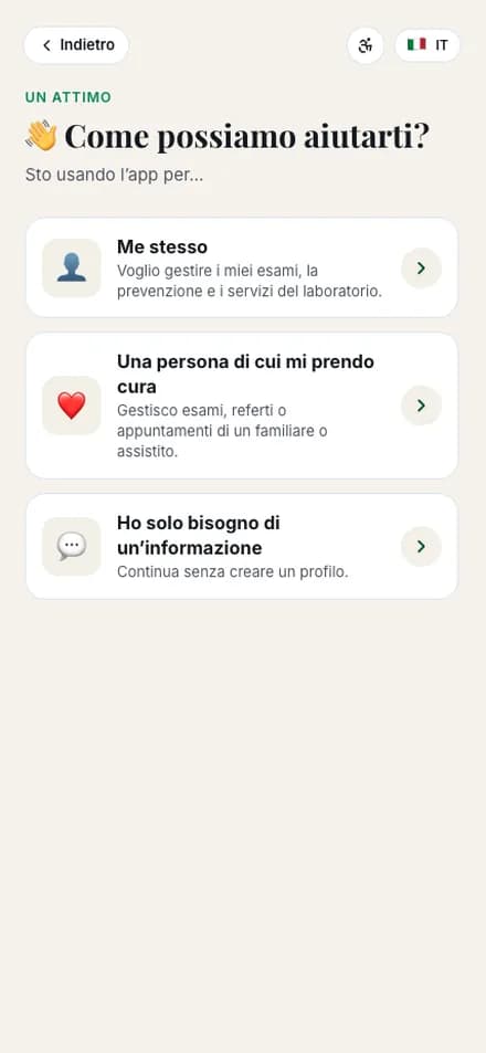 Onboarding dell’app paziente: per sé, per un familiare o solo informazioni